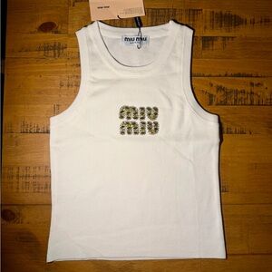 Miu Miu Ivory Sleeveless Knit Tank with Gold/Yellow Embellished Logo. Size M